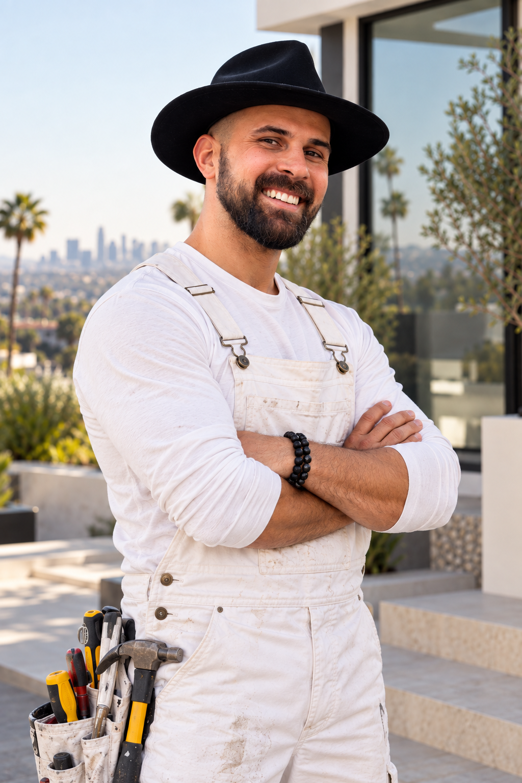 Gabriel Cios, owner and lead craftsman of Cios Builders, in white work overalls outside a modern Los Angeles residence