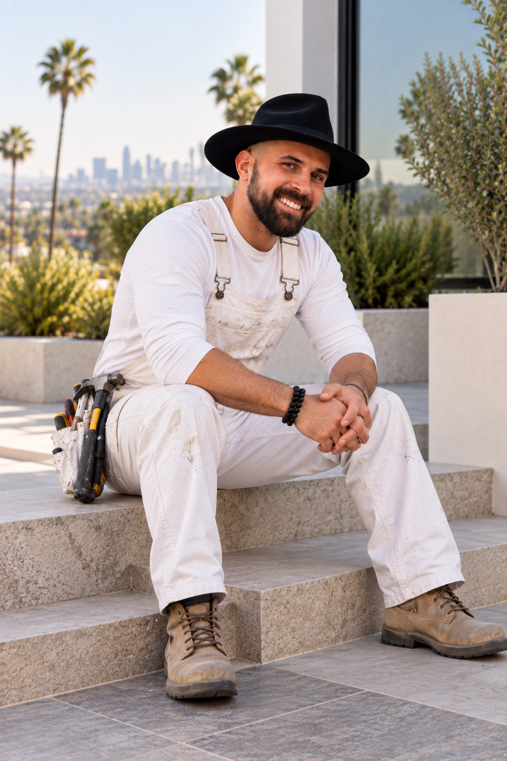 Gabriel Cios seated on stone steps of a modern hillside home with his tools beside him