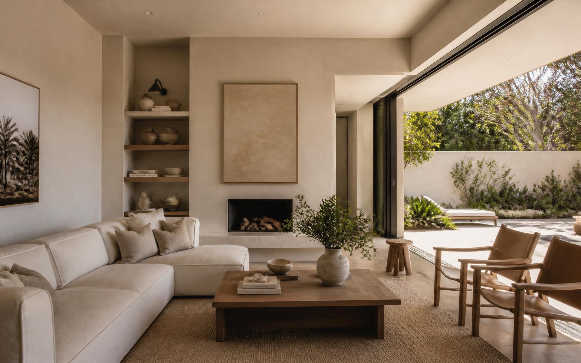 Warm minimalist living room with plaster walls and white oak built-ins opening to a California garden