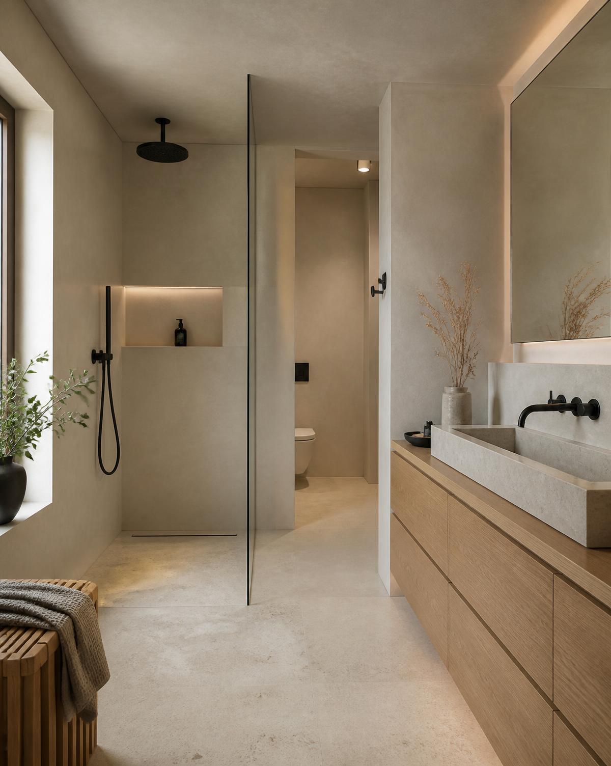 Renovated primary bathroom with microcement walls, limestone floors and a white oak floating vanity