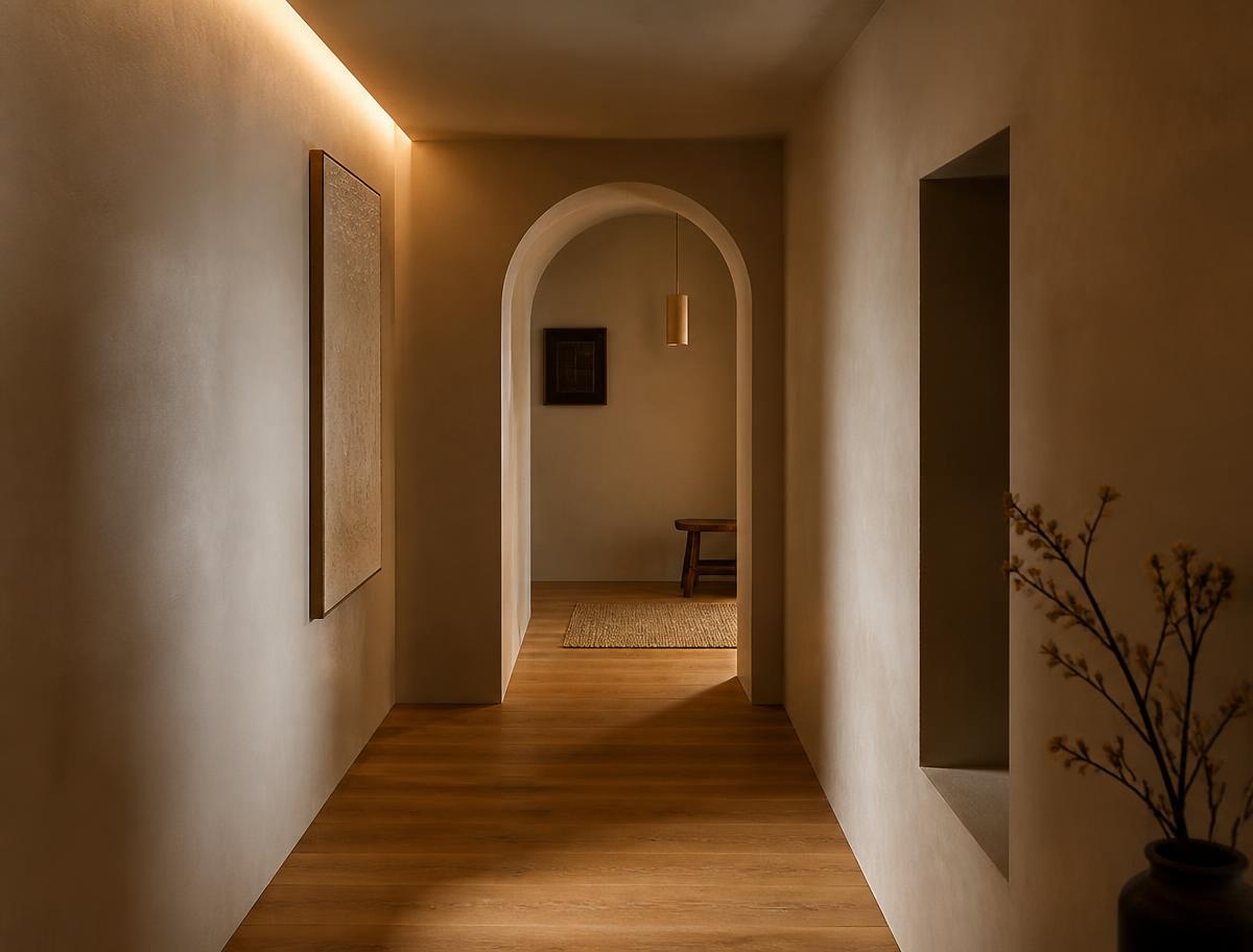Hallway with hand-troweled plaster walls, oak flooring and an arched doorway